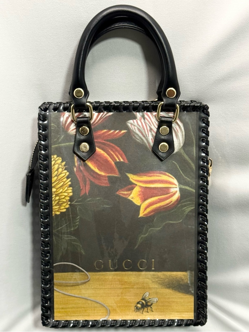 Upcycled Gucci Floral Print Leather Top-Handle Bag in Black